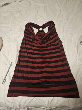 Red And Black Horizontally Striped Cowl Neck Halter Tank Top